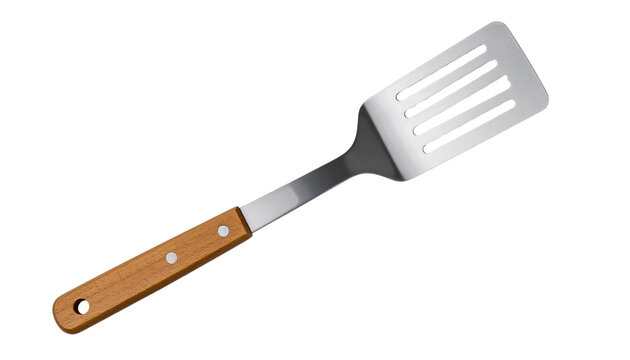 A  stainless steel spatula with a wooden handle. designed for flipping or serving food its flat. wide blade makes it ideal for grilling. cooking. or baking. providing a practical tool for various .
