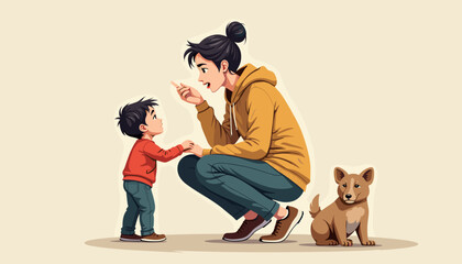 Mother interacting with child and dog indoors