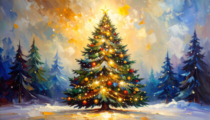 Abstract oil painting of Christmas tree with warm lights. Textured brush strokes. Hand drawn art.
