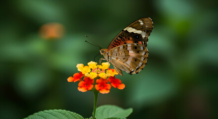 Obraz premium Brown Butterfly on Vibrant Lantana Flowers