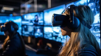 Female gamer playing immersive video game using cutting edge vr headset technology - Powered by Adobe