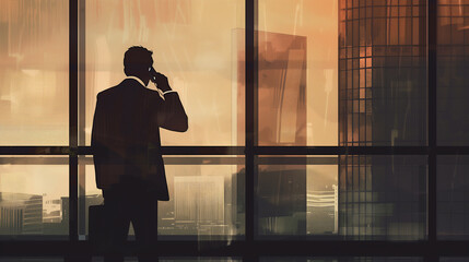A confident businessman sitting with full attitude in an office or conference room, explaining a major project over a cell phone during a professional meeting, exuding leadership and focus.