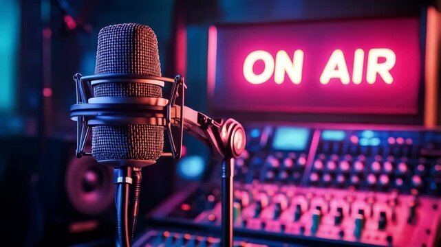 A radio studio setup with a microphone, a mixing console and a lit sign "ON AIR". Radio and broadcasting concept.