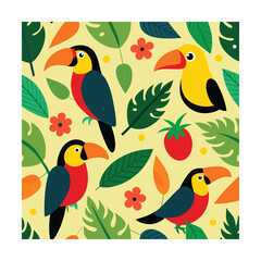 Tropical Bird Seamless Pattern with Toucans and Parrots