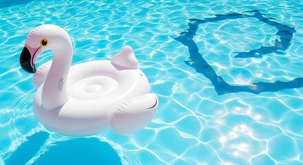 White Flamingo Pool Float in Sparkling Blue Water | Summer Vacation, Party, and Relaxation Lifestyle Image for Advertising and Social Media