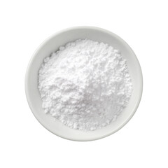 White powdered sugar or icing sugar in a small white bowl isolated on transparent background