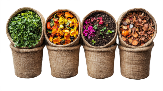 Bountiful harvest displays the beauty of organic composting in woven pots against black backdrop