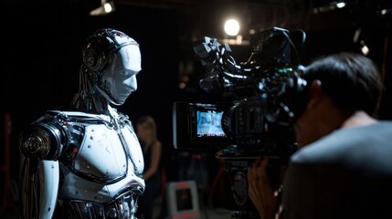 Naklejka premium Behind the scenes a cameraman focuses on a lifelike humanoid robot highlighting the innovative role of artificial intelligence in the film industry and the evolution of storytelling