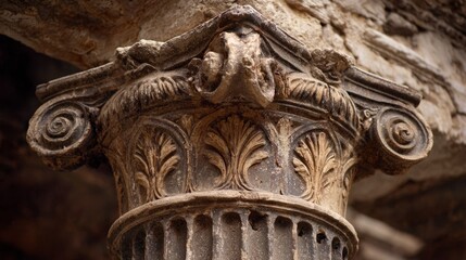 Ancient Roman column capital with classical details. Jurisprudence aesthetic