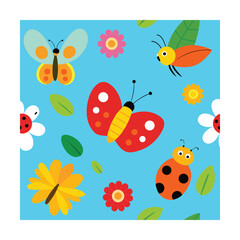 Seamless Spring Insects Pattern with Ladybugs and Bees