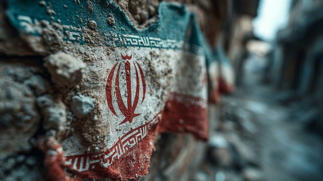 A Fading Symbol: Torn Iranian Flag Against Crumbling Walls in a Desolate Alley