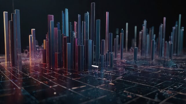 Abstract cityscape with illuminated blocks on a grid like surface in a dark environment showing depth