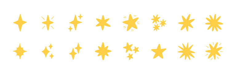Doodle glitter twinkle star icons set. Yellow hand drawn shine star burst symbol. Sketch magic blink collection. Doodle spark shape icons. Vector illustration on white background.