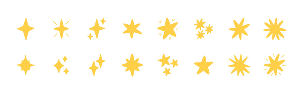 Doodle glitter twinkle star icons set. Yellow hand drawn shine star burst symbol. Sketch magic blink collection. Doodle spark shape icons. Vector illustration on white background.