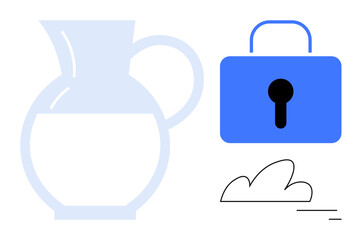 Transparent water pitcher, blue secure lock, and abstract cloud with lines suggesting simplicity. Ideal for security, sustainability, hydration, minimalism, clarity, data privacy simple landing page