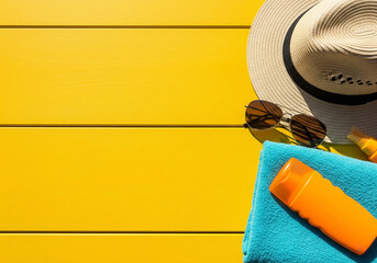 Bright flat lay of beach items on orange wooden background
