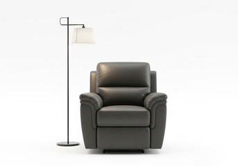 Comfortable leather armchair with modern floor lamp isolated on white