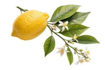 Ripe yellow lemon with green leaves and white blossoms isolated on transparent background