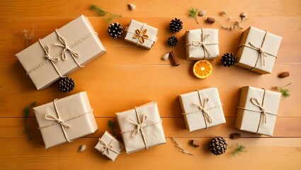 Christmas gifts wrapped in brown paper with twine, arranged on a wooden surface with pine cones and orange slices.