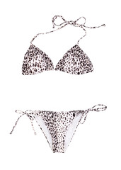 Stylish black and white bikini with leopard print on white background.