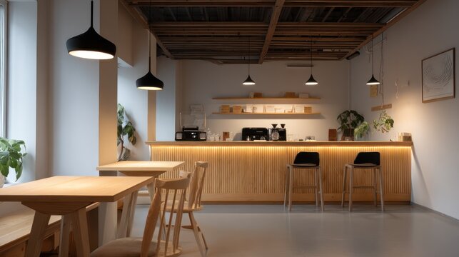 Interior of a cozy coffee shop with wooden counter, minimalist wooden tables and chairs, white walls, warm lighting, no people, inviting atmosphere