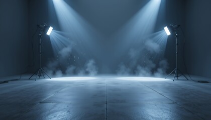 Empty dark studio stage illuminated by two bright spotlights with smoke effects creating dramatic
