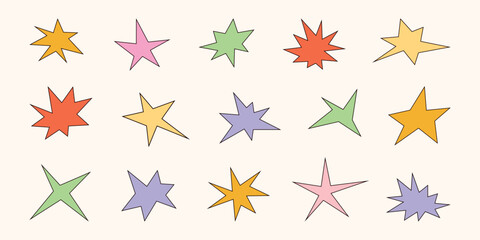 Hand drawn doodle star set. Geometric abstract shapes, color spark, quirky sparkle, twinkle, burst space, icons, childish scribble. Flat cosmic drawing collection. Trendy isolated vector illustration.
