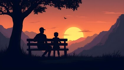 Father and Daughter Sitting on Bench at Sunset	
