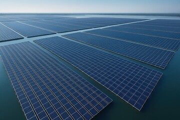 A floating solar farm generates clean energy on water surfaces. Large floating solar panel farm on water, harnessing renewable energy under a clear blue sky, showcasing sustainable power generation.