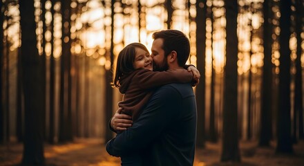 Father Hugging Daughter in Forest	
