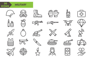 Collection of 30 military equipment outline icons in a grid layout
