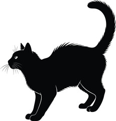 Minimalist Black Cat Silhouette with Arched Back and Raised Tail – Vector, Side View