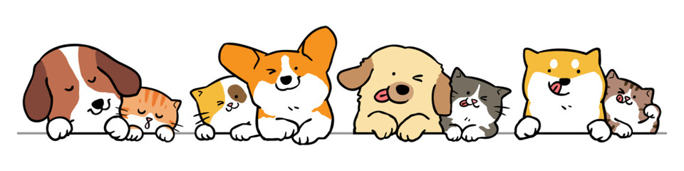 Vector Illustration of Cute Cartoon Dog and Cat Couples on Isolated Background. Hand Drawn Vector Illustration. 