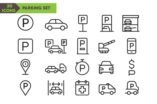 Collection of parking symbols and car icons in clean line art style