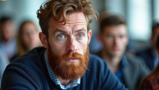 Man with beard at meeting looking thoughtful.
 - Powered by Adobe