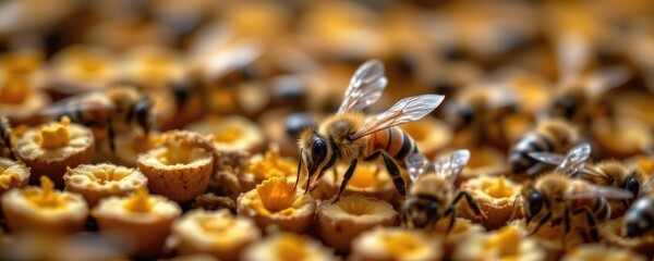 Fototapeta premium a bee colony genetically modified to relay long distance communication through pheromonal codes and hive signals.
