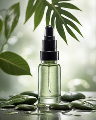 Blank dropper glass bottle for skincare standing on wet stone with tropical leaves in background. Natural green tones, fresh moisture effect, and spa-inspired composition.