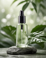 Blank dropper glass bottle for skincare standing on wet stone with tropical leaves in background. Natural green tones, fresh moisture effect, and spa-inspired composition.