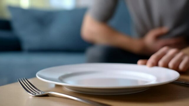A close up of an empty plate with the same dish and silverware next to it, while in the blurred background there is someone sitting on a sofa