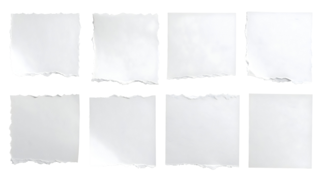 Collection of ripped white paper pieces various sizes and shapes.