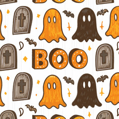 Spooky Halloween Pattern with Ghosts and Tombstones | Scary Seamless EPS Design

