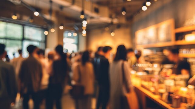Blurred background of bustling coffee shop, long queue of diverse customers waiting at the counter, vibrant social energy, warm tones and casual interior
