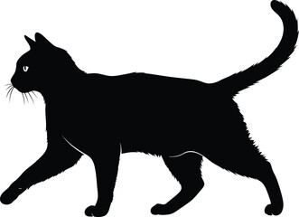 Black Cat Silhouette Walking Side Profile with Tail Up – Vector Isolated on White