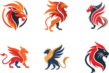 Fiery Griffins and Lions Logo Design Pack perfect for branding projects needing powerful mythical creature symbols
