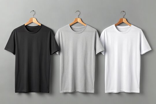 Three plain t shirts in black gray and white hanging on wooden hangers against a gray background - Powered by Adobe