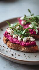Close-up of elegant open-faced toast with beetroot hummus, feta crumbles, arugula and cracked pepper