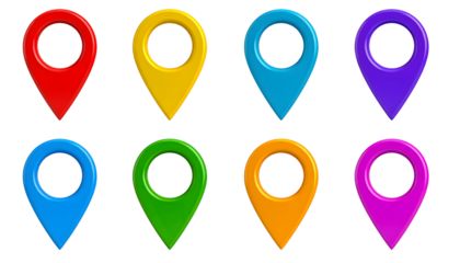 Eight Colorful 3D Map Markers: Red Yellow Blue Purple Light Blue Green Orange and Pink Location Pins.