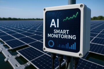 A floating solar farm generates clean energy on water surfaces. AI smart monitoring device installed on solar panels, displaying data analytics for optimized energy management under clear sky.