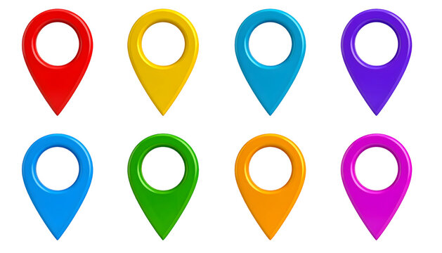 Eight Colorful 3D Map Markers: Red Yellow Blue Purple Light Blue Green Orange and Pink Location Pins.