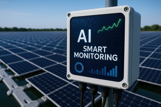 A floating solar farm generates clean energy on water surfaces. AI smart monitoring device installed on solar panels, displaying data analytics for optimized energy management under clear sky.